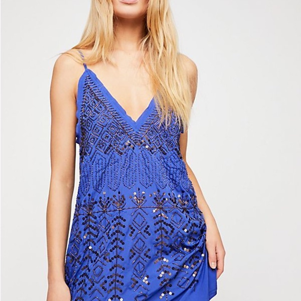 Free People Arizona Nights BeadedBlue Slip Dress
